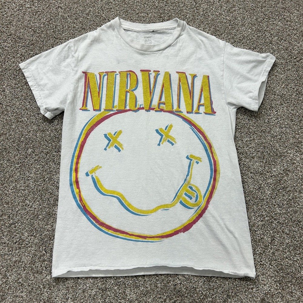 Nirvana Shirt Mens Small White Smiley Face Tee T-Shirt Band Music Grunge